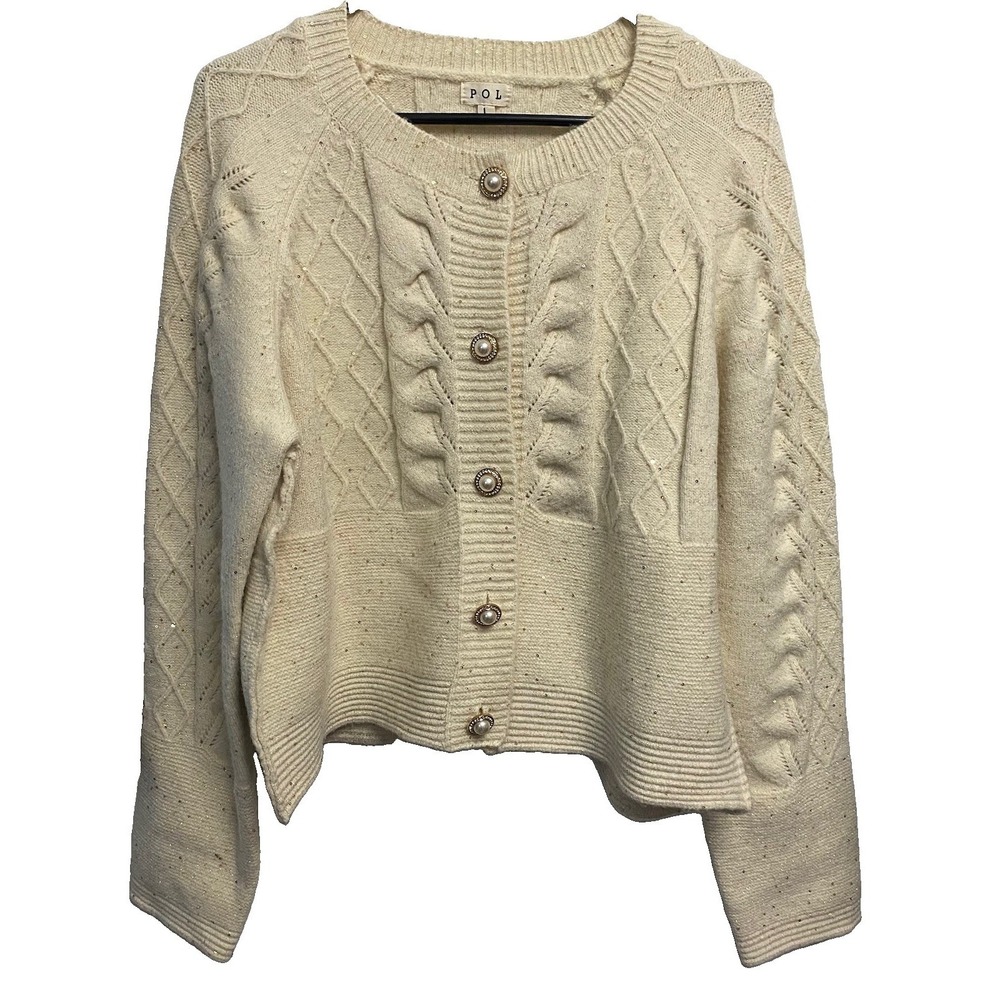 POL Womens Ivory Sparkly Pearl Button-Up Cable Knit Cardigan‎ Sweater SZ.L NWOT